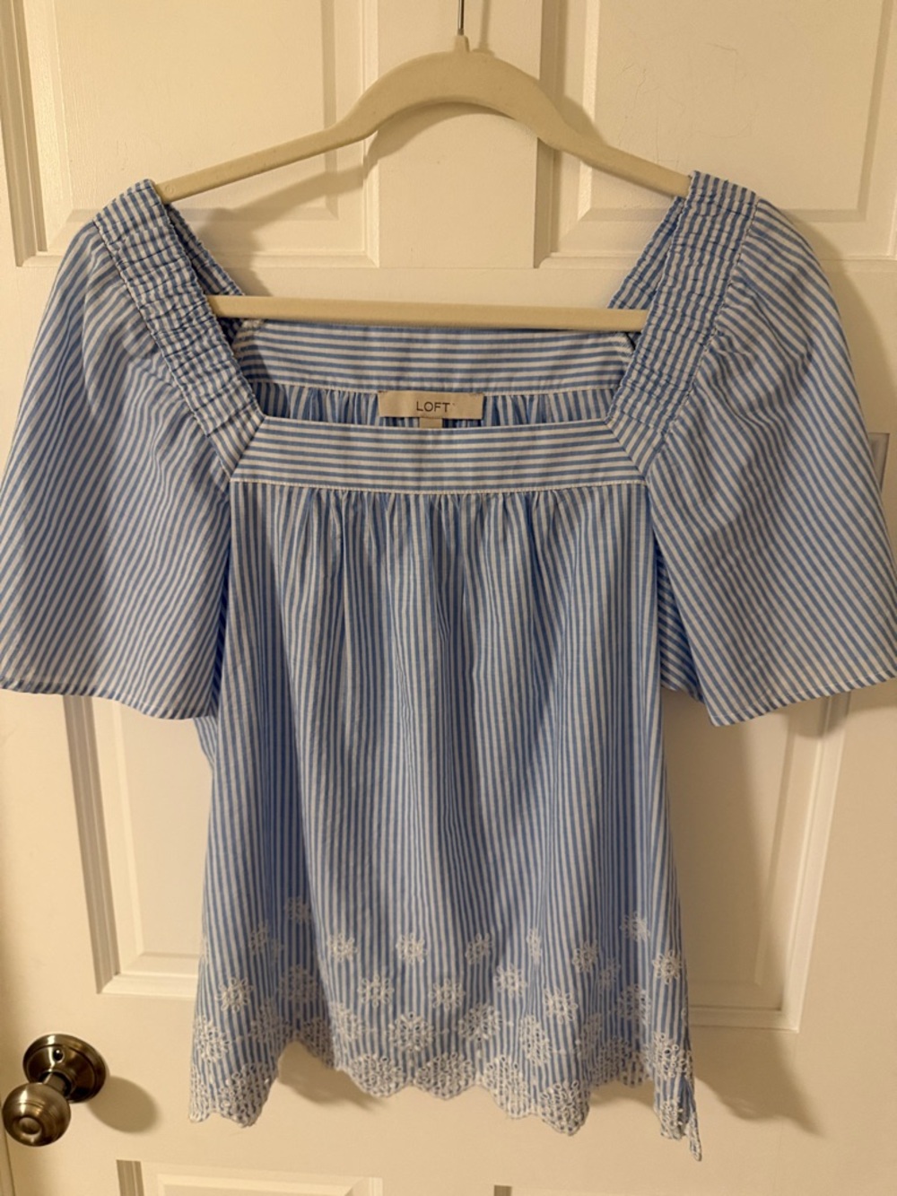 LOFT Pinstripe Square Neck Flutter Sleeve Embroidered Eyelet Top 100% Cotton XS
